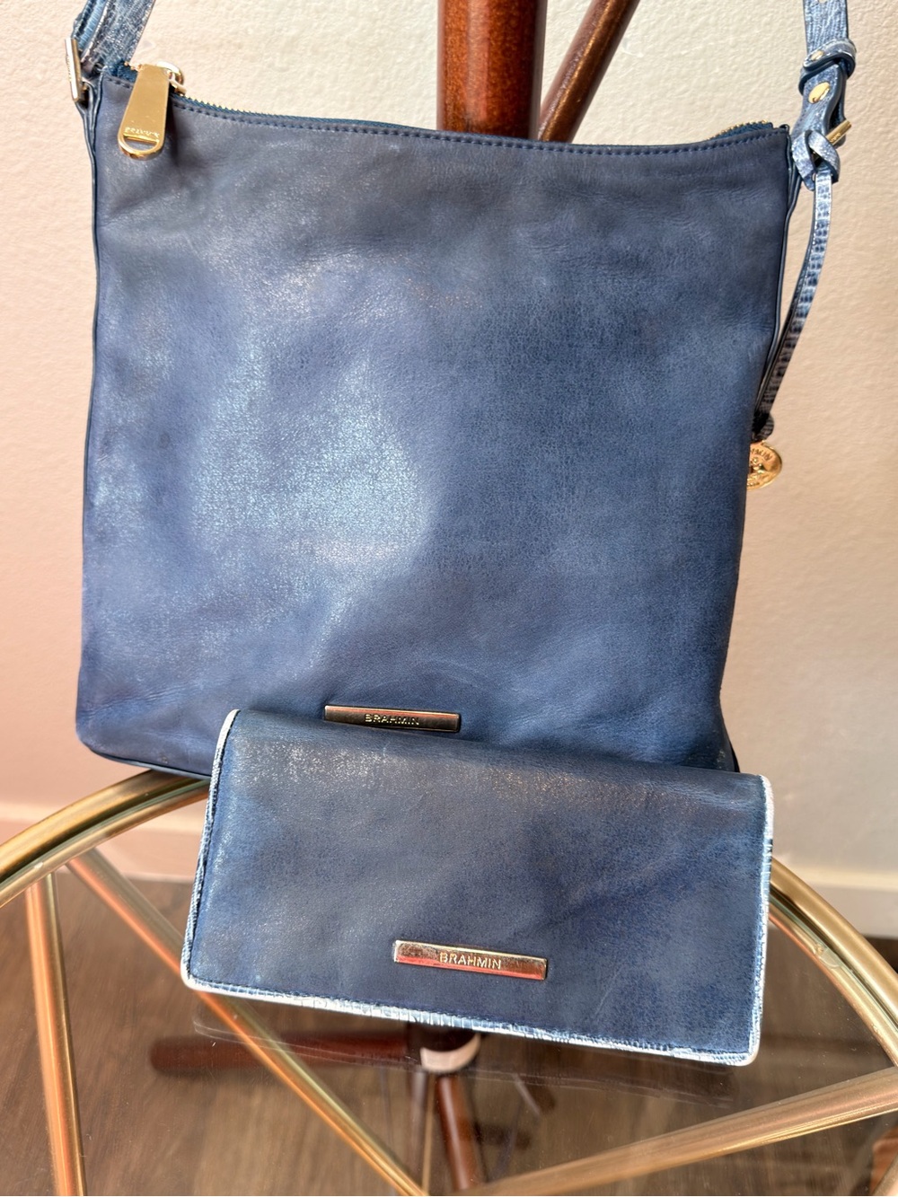 Brahmin Navy Blue Leather Crossbody Bag with Matching Wallet - Picture 2 of 16